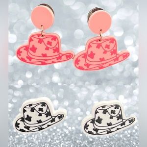 Pink Cowgirl Hat • Black & White Cow Print Cowboy Studs Western Acrylic Earrings